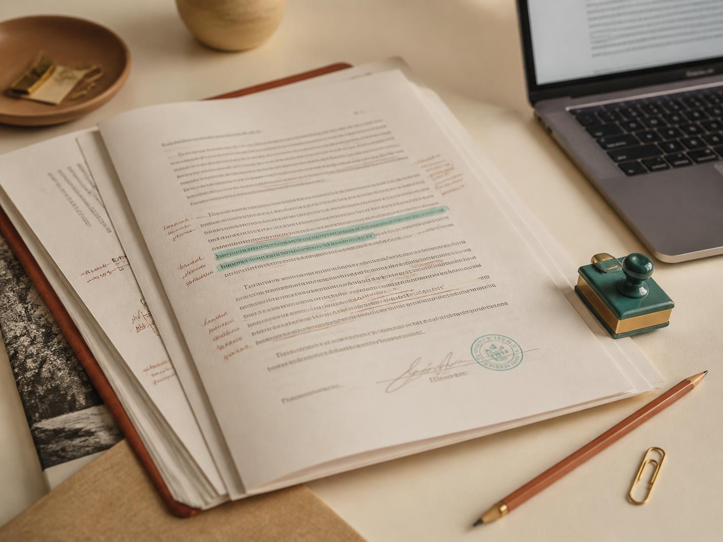 Project documents annotated by hand, with passages marked and cross-referenced